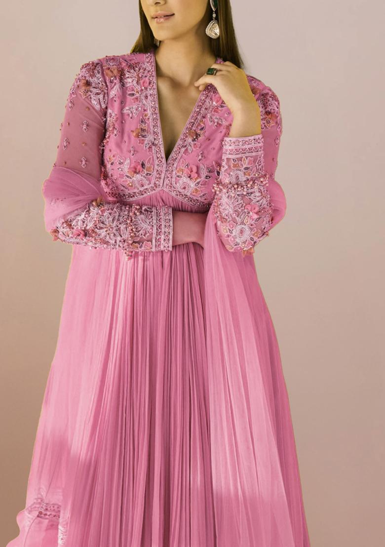 Pink Anarkali Set With Hand Embroidered Dupatta