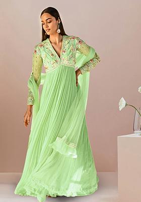 Light Green Anarkali Set With Hand Embroidered Dupatta