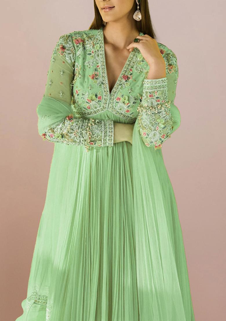 Light Green Anarkali Set With Hand Embroidered Dupatta