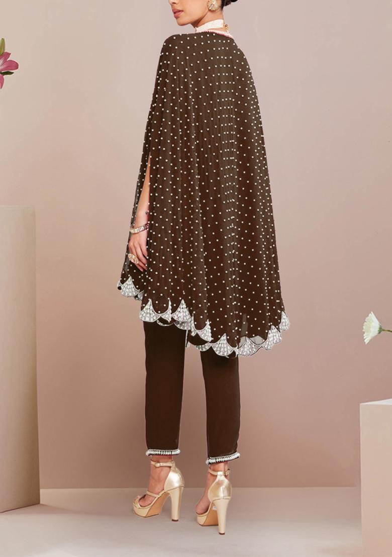 Brown Hand Embroidered Kurta With Pant