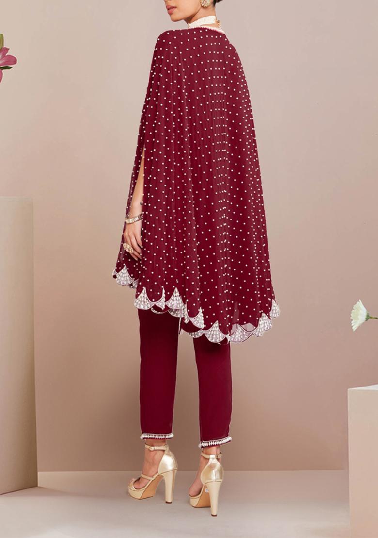 Maroon Hand Embroidered Kurta With Pant