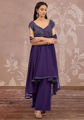 Purple Palazzo Set With Hand Embroidered Kurta And Dupatta