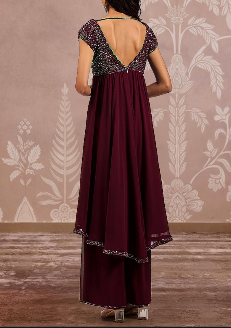 Maroon Palazzo Set With Hand Embroidered Kurta And Dupatta