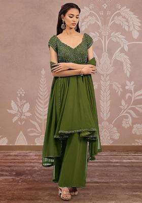 Green Palazzo Set With Hand Embroidered Kurta And Dupatta