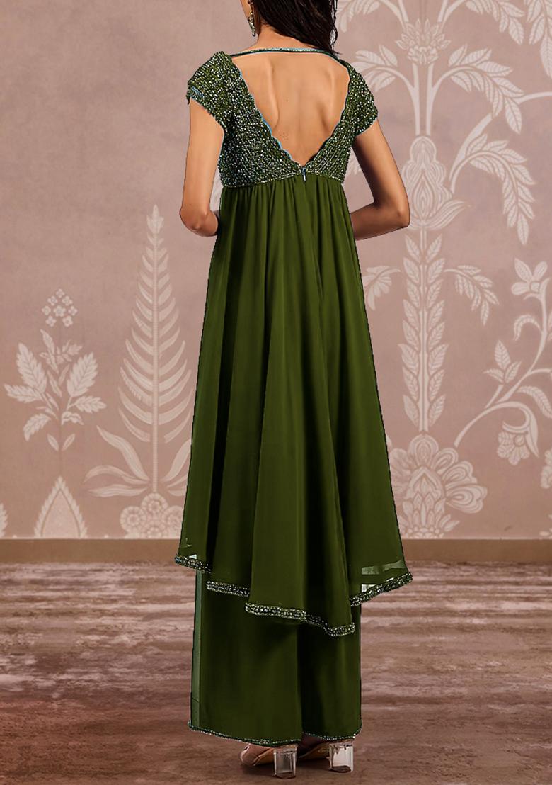 Green Palazzo Set With Hand Embroidered Kurta And Dupatta