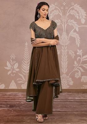 Brown Palazzo Set With Hand Embroidered Kurta And Dupatta