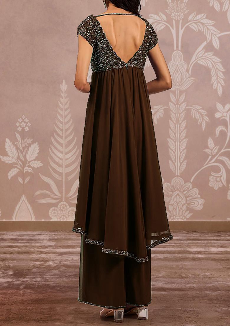 Brown Palazzo Set With Hand Embroidered Kurta And Dupatta