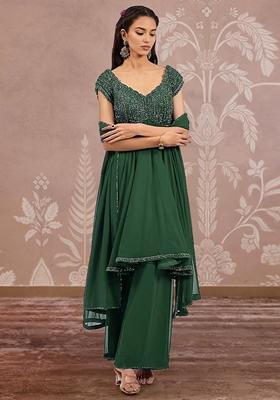 Olive Palazzo Set With Hand Embroidered Kurta And Dupatta