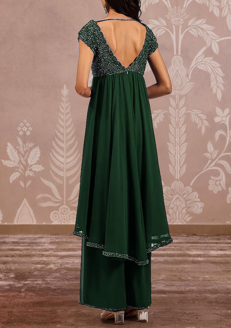 Olive Palazzo Set With Hand Embroidered Kurta And Dupatta