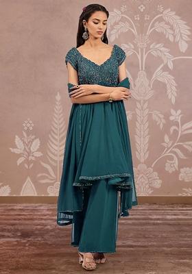 Teal Blue Palazzo Set With Hand Embroidered Kurta And Dupatta
