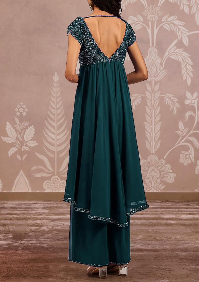 Teal Blue Palazzo Set With Hand Embroidered Kurta And Dupatta