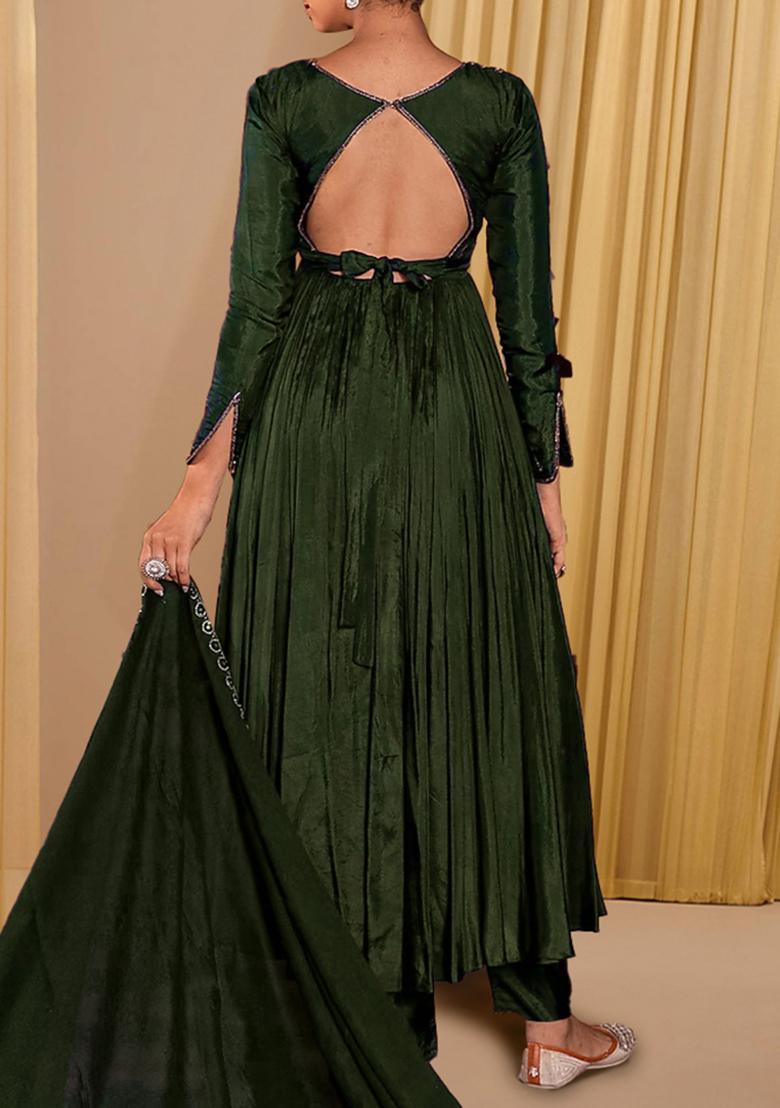 Dark Green Anarkali Set With Hand Embroidered Pant And Dupatta