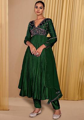Green Anarkali Set With Hand Embroidered Pant And Dupatta