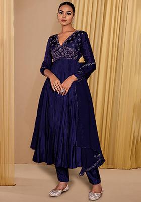 Dark Blue Anarkali Set With Hand Embroidered Pant And Dupatta