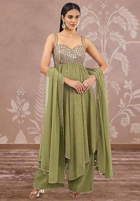 Olive Green Palazzo Set With Hand Embroidered Kurta And Dupatta