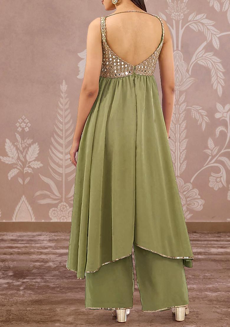 Olive Green Palazzo Set With Hand Embroidered Kurta And Dupatta