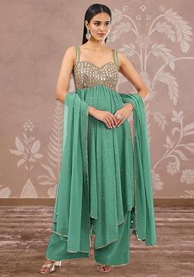 Green Palazzo Set With Hand Embroidered Kurta And Dupatta
