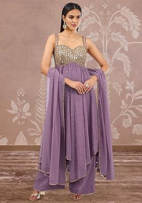 Purple Palazzo Set With Hand Embroidered Kurta And Dupatta