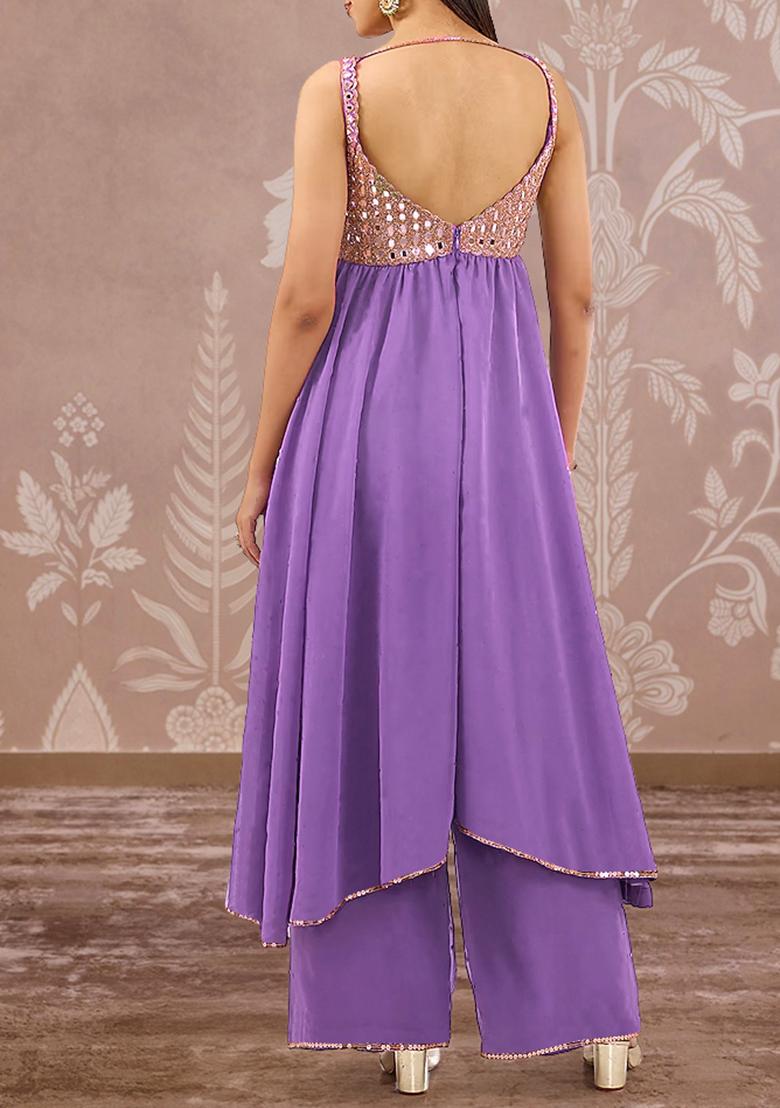 Lilac Palazzo Set With Hand Embroidered Kurta And Dupatta