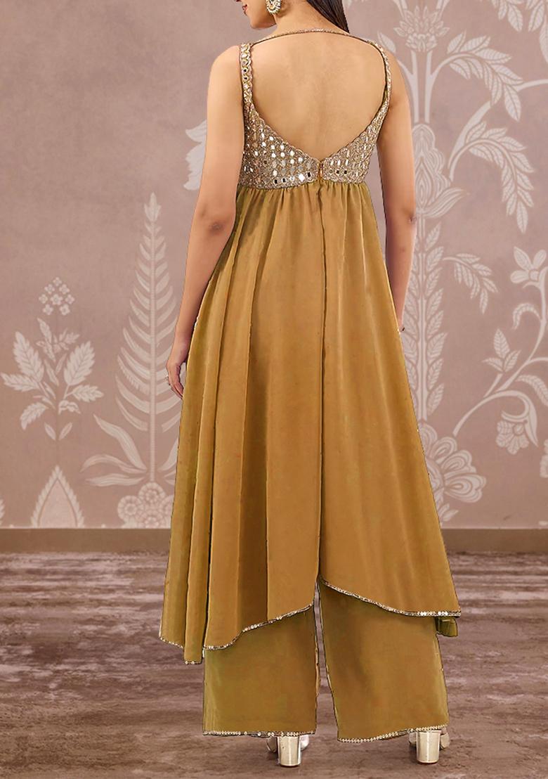 Ochre Palazzo Set With Hand Embroidered Kurta And Dupatta