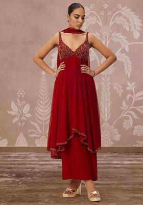 Red Palazzo Set With Hand Embroidered Kurta And Dupatta