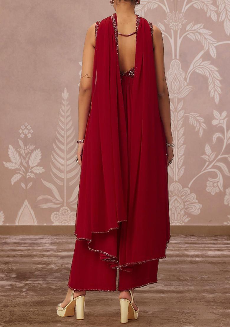 Red Palazzo Set With Hand Embroidered Kurta And Dupatta