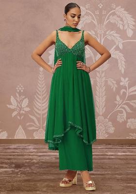 Green Palazzo Set With Hand Embroidered Kurta And Dupatta