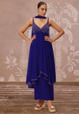 Blue Palazzo Set With Hand Embroidered Kurta And Dupatta