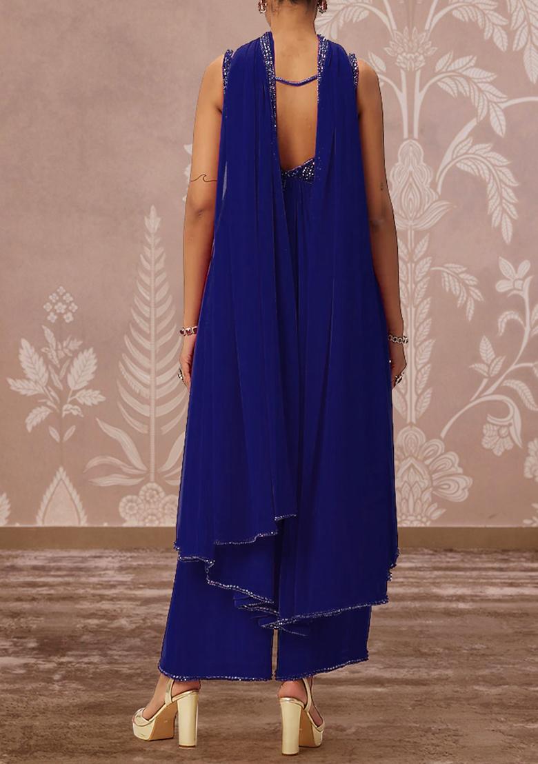Blue Palazzo Set With Hand Embroidered Kurta And Dupatta