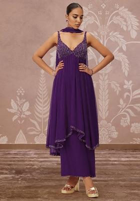 Purple Palazzo Set With Hand Embroidered Kurta And Dupatta
