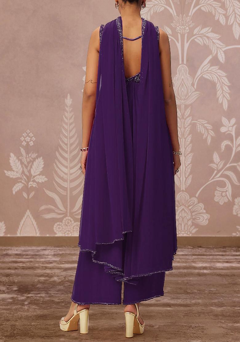 Purple Palazzo Set With Hand Embroidered Kurta And Dupatta
