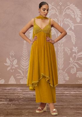Yellow Palazzo Set With Hand Embroidered Kurta And Dupatta