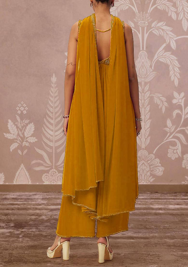 Yellow Palazzo Set With Hand Embroidered Kurta And Dupatta