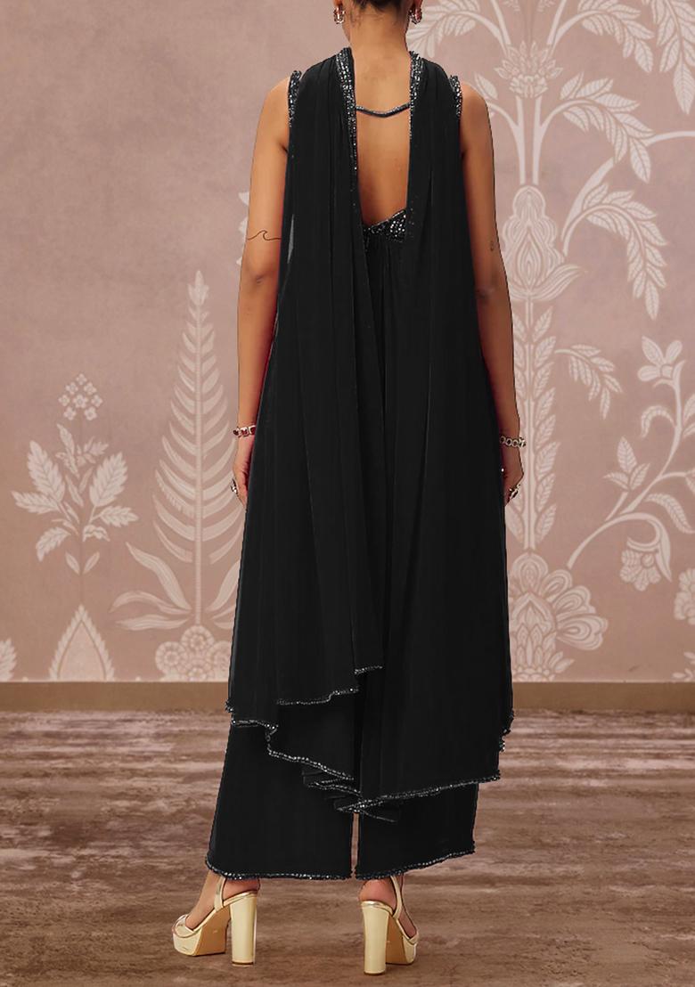 Black Palazzo Set With Hand Embroidered Kurta And Dupatta