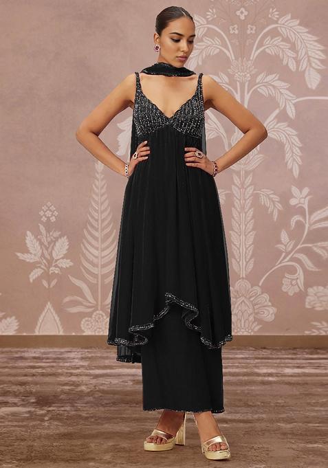 Black Palazzo Set With Hand Embroidered Kurta And Dupatta