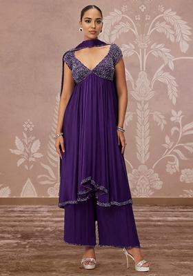 Purple Palazzo Set With Hand Embroidered Kurta And Dupatta