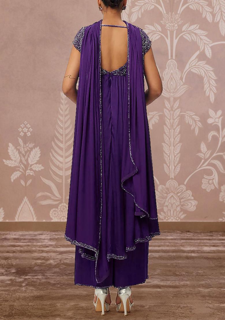 Purple Palazzo Set With Hand Embroidered Kurta And Dupatta