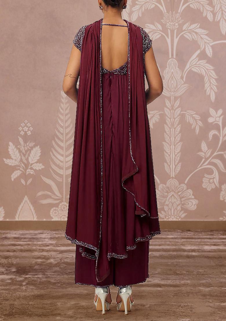 Red Palazzo Set With Hand Embroidered Kurta And Dupatta