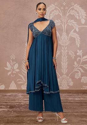 Teal Blue Palazzo Set With Hand Embroidered Kurta And Dupatta