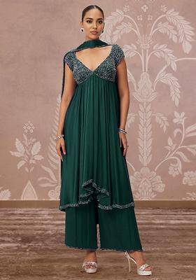Green Palazzo Set With Hand Embroidered Kurta And Dupatta