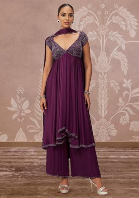 Plum Purple Palazzo Set With Hand Embroidered Kurta And Dupatta