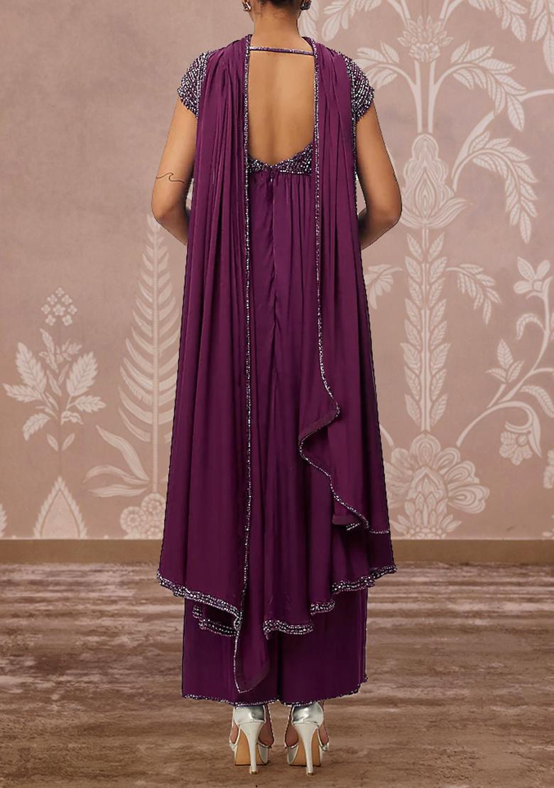 Plum Purple Palazzo Set With Hand Embroidered Kurta And Dupatta