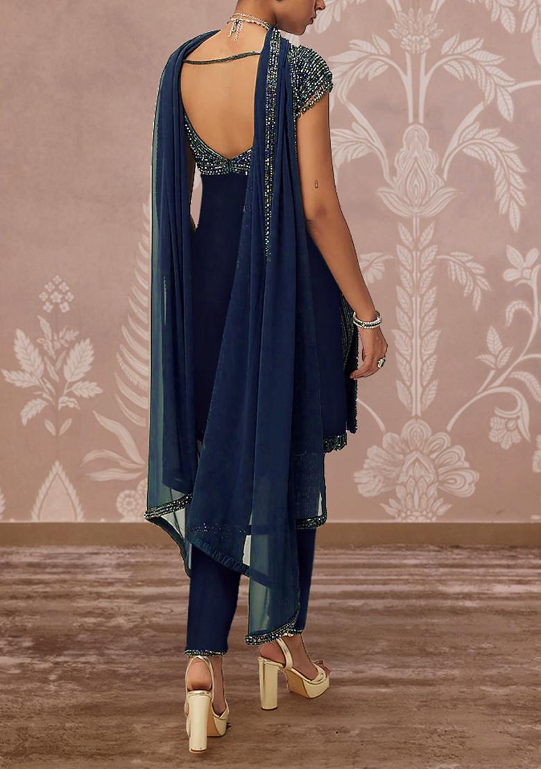 Navy Blue Kurta Set With Hand Embroidered Churidar And Dupatta