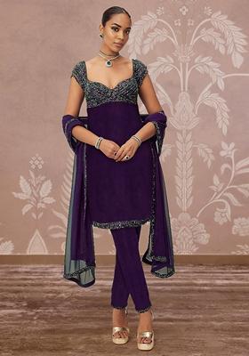 Purple Kurta Set With Hand Embroidered Churidar And Dupatta