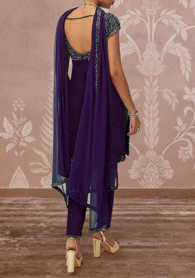 Purple Kurta Set With Hand Embroidered Churidar And Dupatta