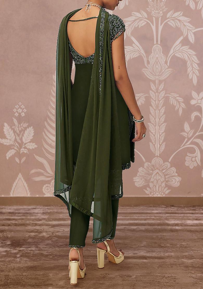 Olive Kurta Set With Hand Embroidered Churidar And Dupatta