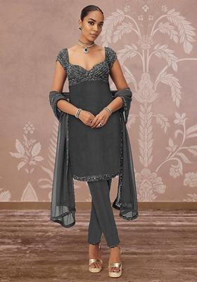 Grey Kurta Set With Hand Embroidered Churidar And Dupatta