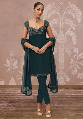 Teal Blue Kurta Set With Hand Embroidered Churidar And Dupatta