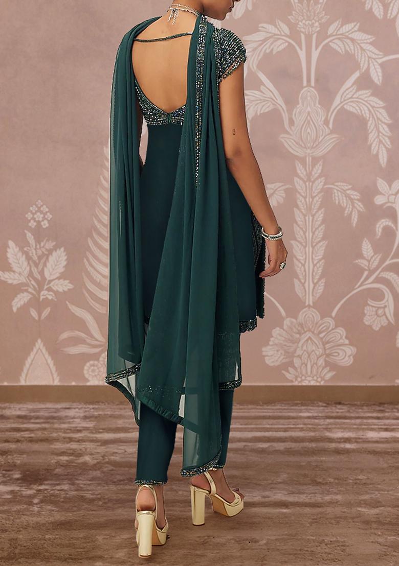 Teal Blue Kurta Set With Hand Embroidered Churidar And Dupatta