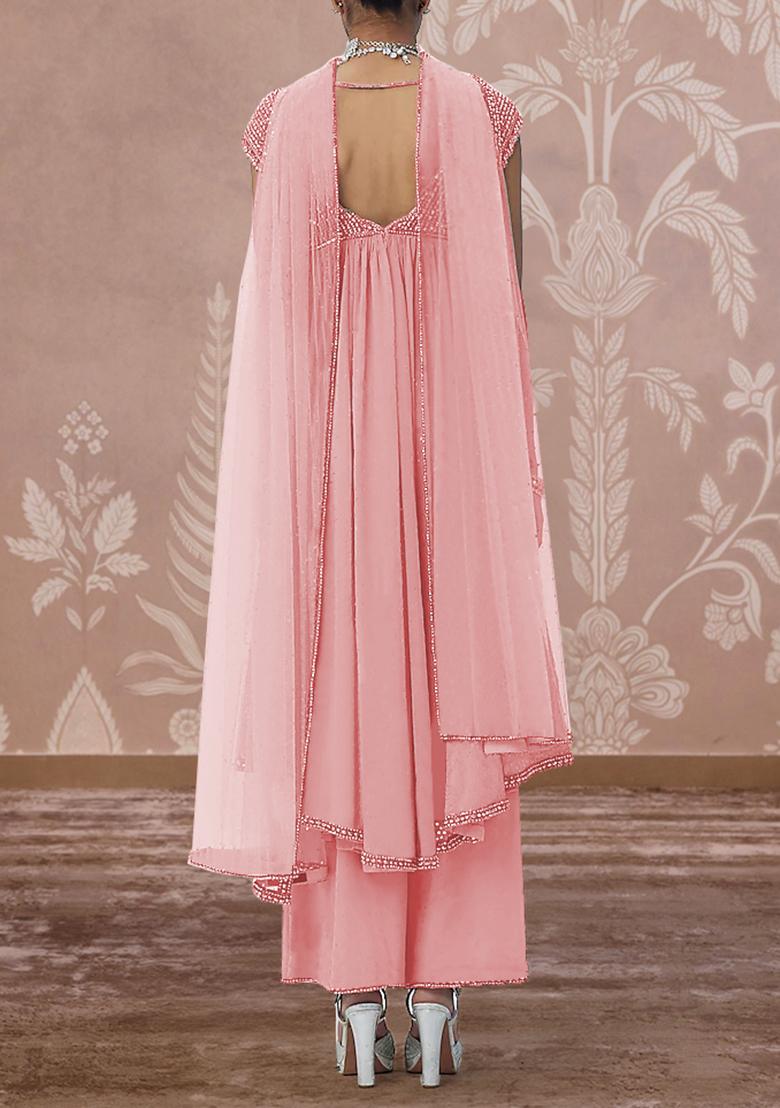 Pink Palazzo Set With Hand Embroidered Kurta And Dupatta